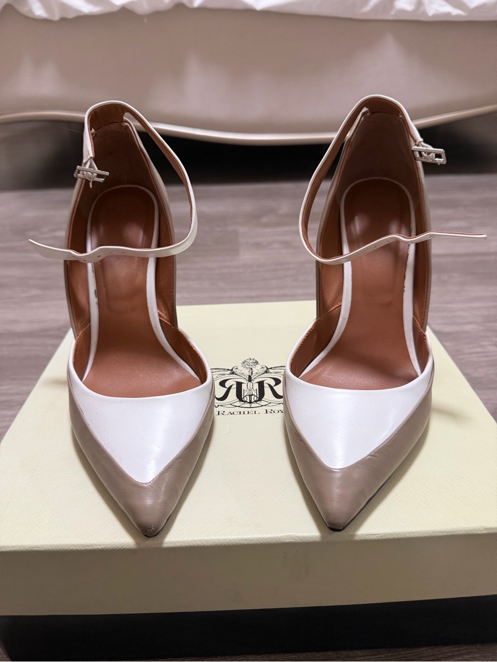 Two-Tone Pointed Toe Ankle-Strap Pumps in White and Taupe